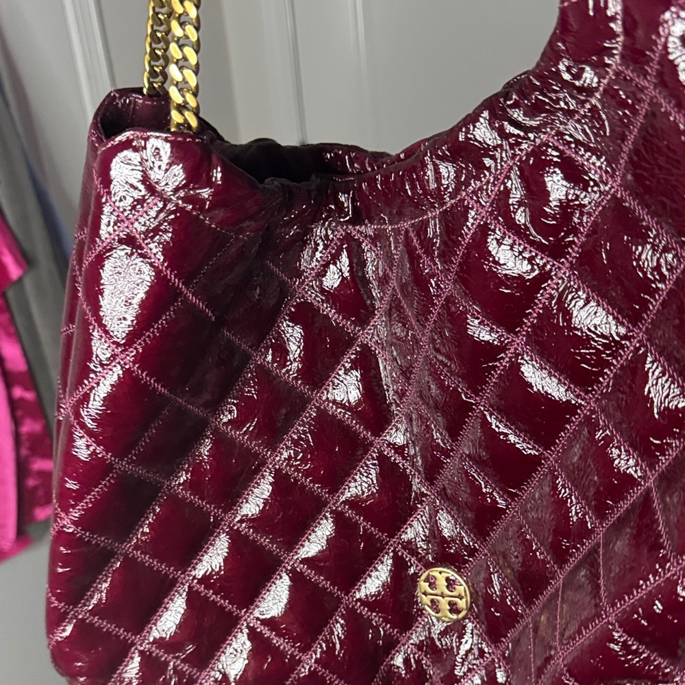 Tory Burch Shiny Burgundy Quilted Shoulder Bag